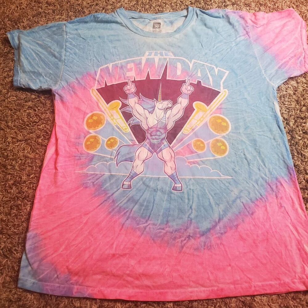 WWE The New Day Tee blue and pink tie-dye shirt